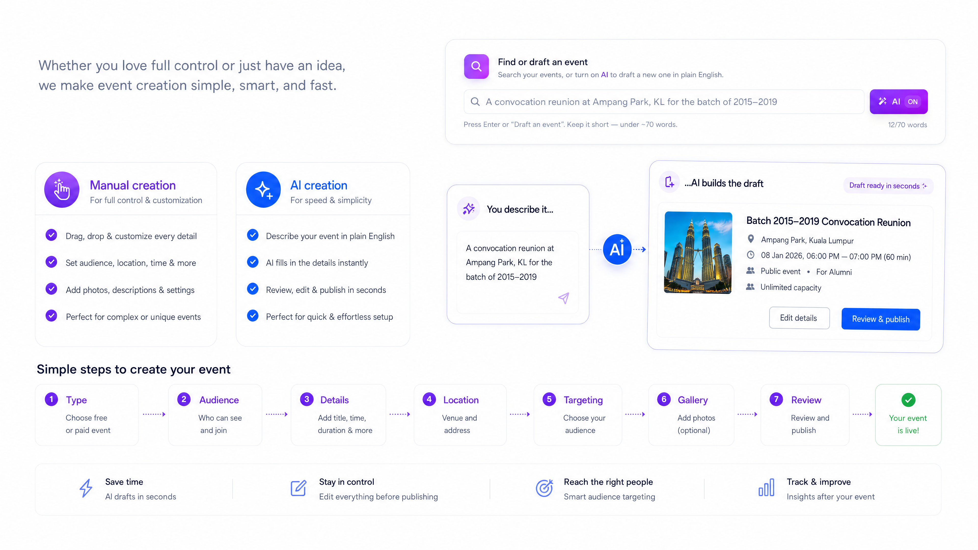 Create events your way — manual or AI